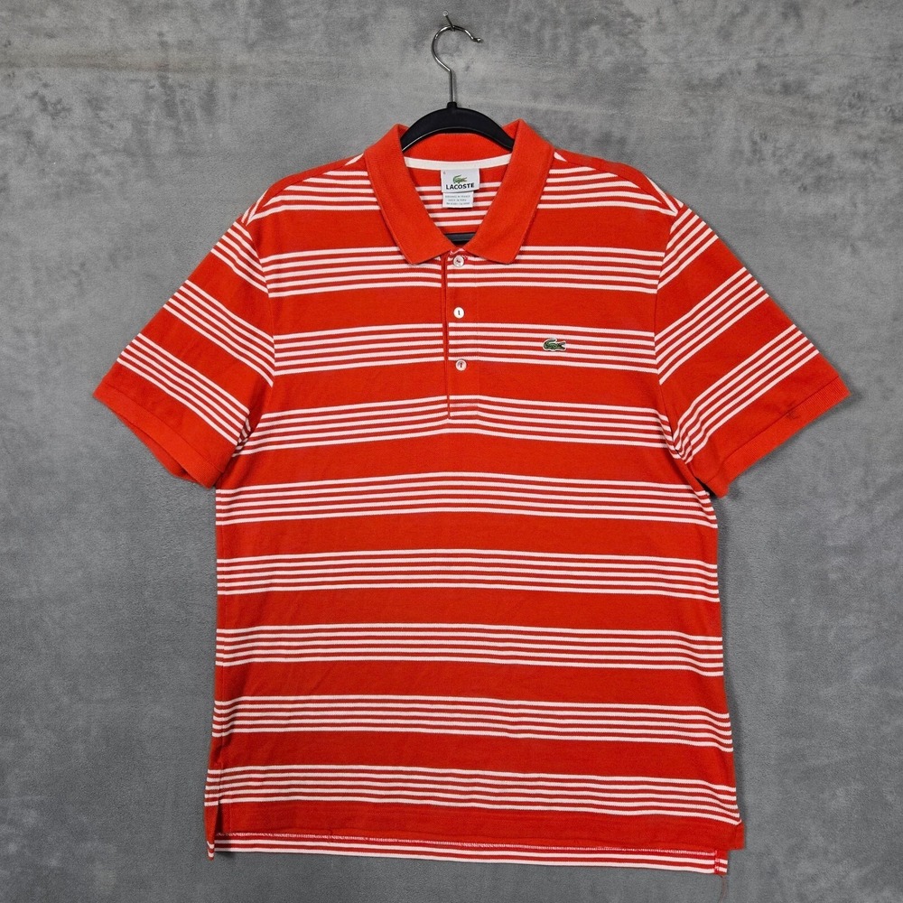Lacoste Polo Shirt Men Large (6) Orange white Striped cotton Knit